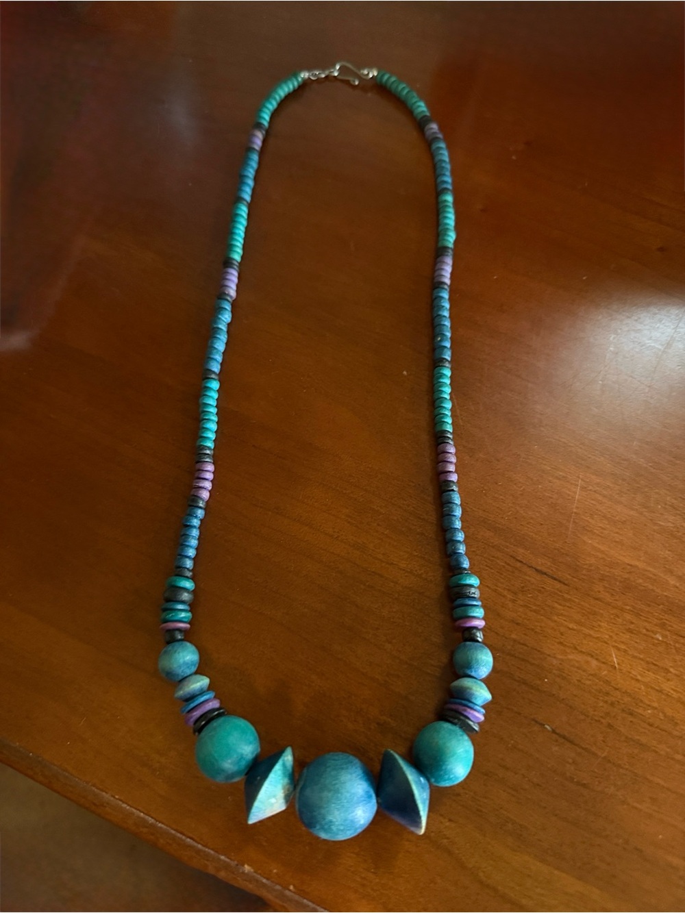 Vintage 23” Handcrafted Graduated Turquoise & Purple Wood Beads Necklace